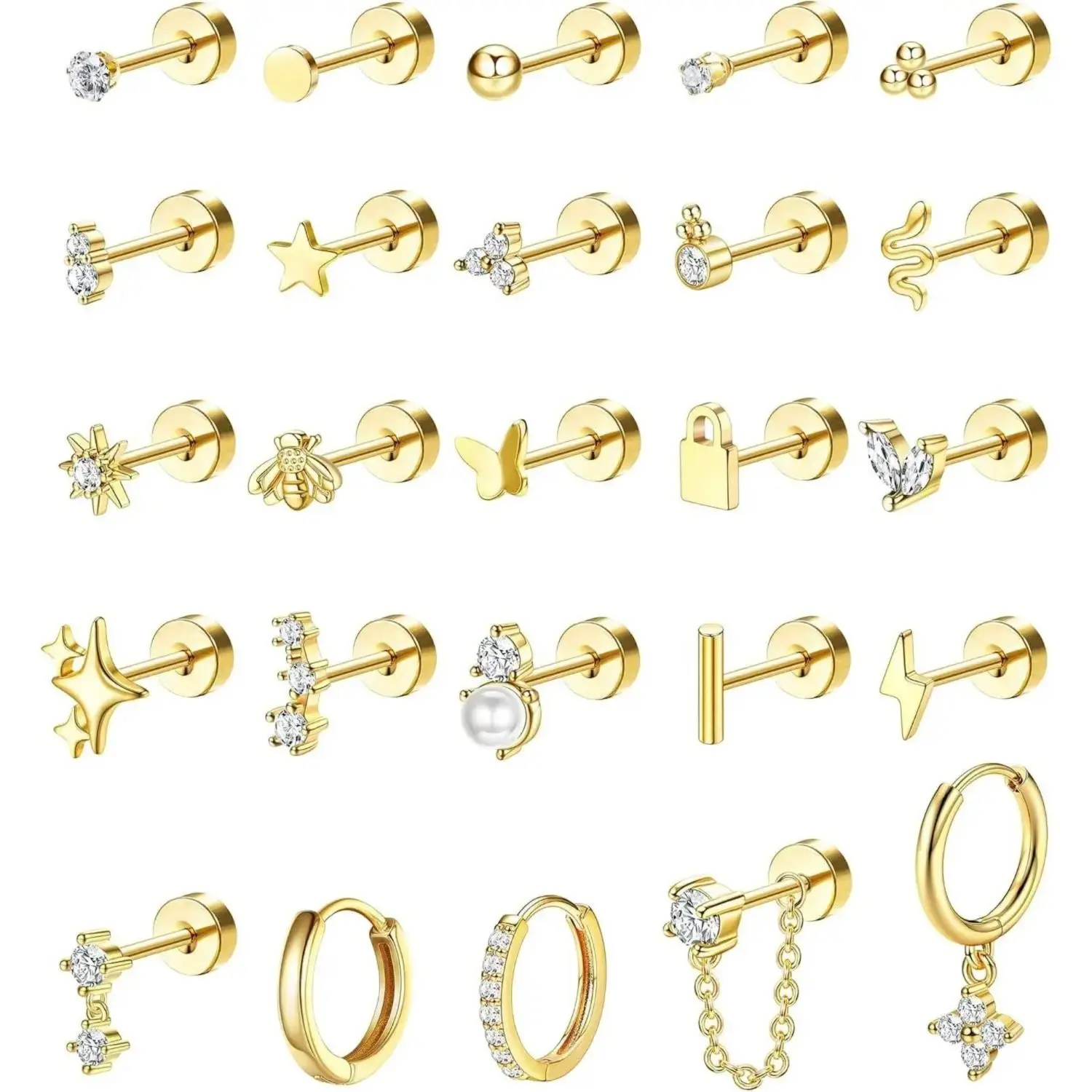 YADOCA 25Pcs Flat Back Earrings for Women Hypoallergenic Surgical Steel Earrings Stud Hoop Earrings Set Tragus Earrings Helix Cartilage Earrings Silver Gold Conch Daith Tragus Piercing Jewellery