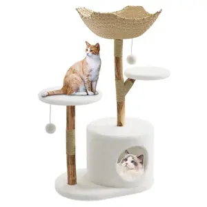 Modern Cat Tree Tower - 46-Inch Natural Wood Cat Condo with Scratching Post and Hanging Balls - Stylish Indoor Cat Furniture for Feline Lovers and Pet Gifts