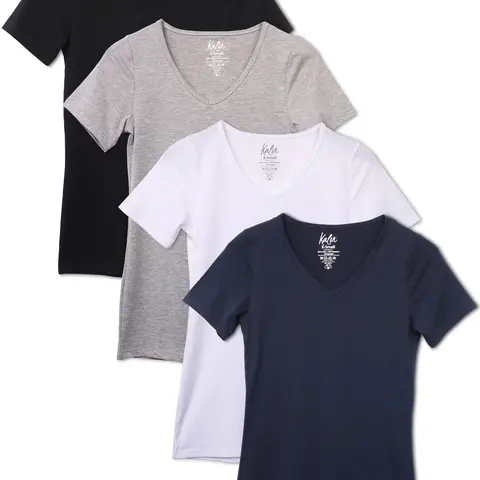Kalon Women's 4-Pack Chic Slim-Fitted Soft Cotton Short-Sleeve V-Neck Tops - M, Neutral-Toned Athletic Staples, Comfy No-Frill Tees for Everyday Wear & Layering, Top