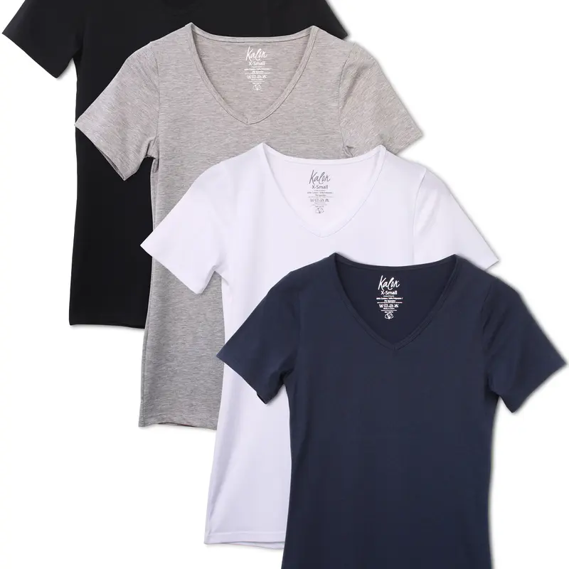 Kalon Women's 4-Pack Chic Slim-Fitted Soft Cotton Short-Sleeve V-Neck Tops - M, Neutral-Toned Athletic Staples, Comfy No-Frill Tees for Everyday Wear & Layering, Top