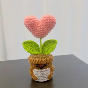Heart-Shaped Hooked Pot with Encouragement Card, Soft Knitted Decoration, Handmade Emotional Support Plant, Birthday Gift, Christmas Decor, Crochet Artificial Flowers