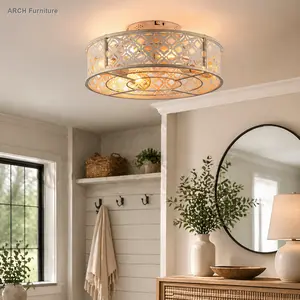 20 in Metal Cage Flower-Style Iron Flush Mount Ceiling Fan Light with Remote Control, Retro White Ceiling Fan for Bedroom, Living Room - Bulbs Not Included