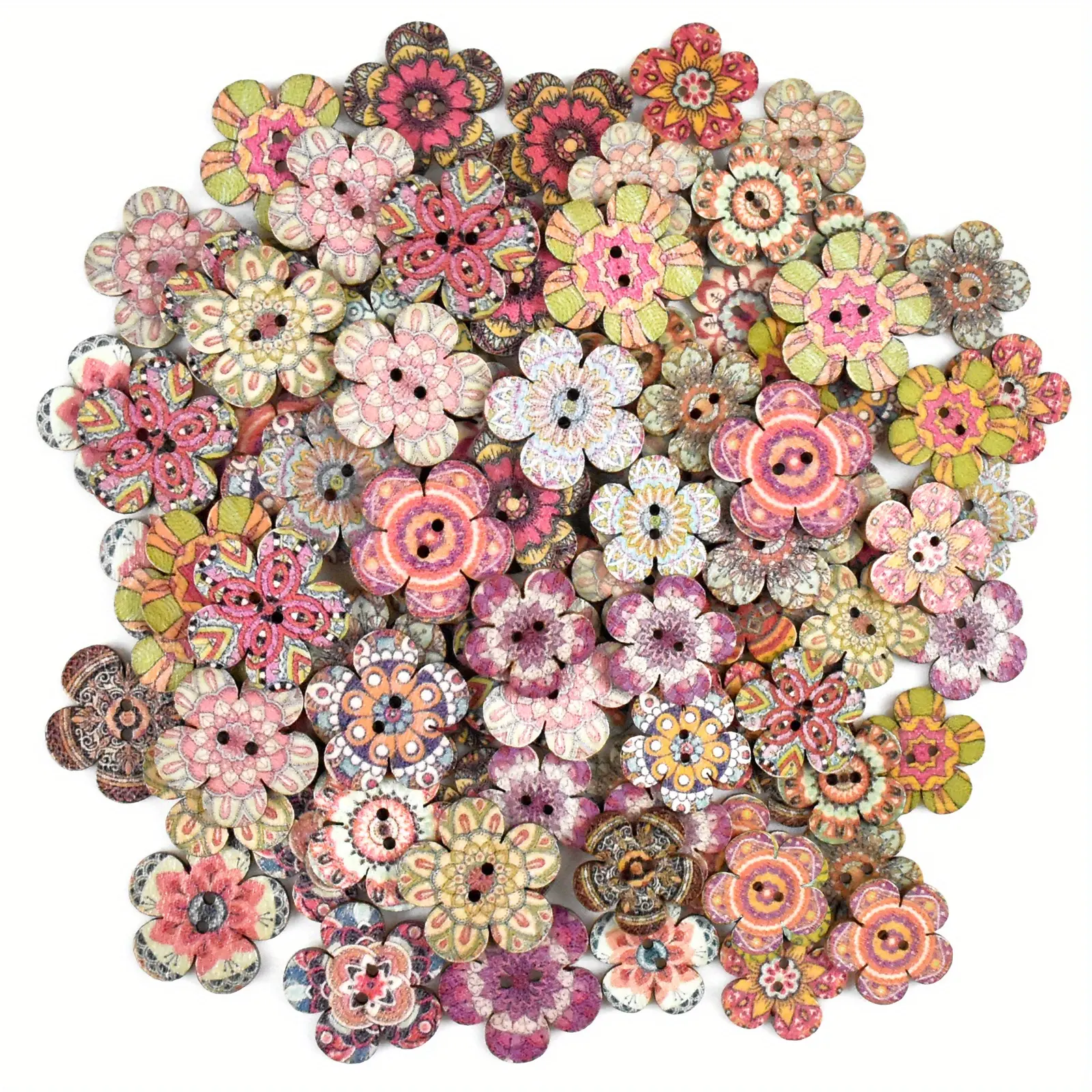 100Pcs Mixed Size Flower Printed Button Colorful Retro Buttons 2 Holes Sewing Buttons Wood Decorative Buttons Cardigans Knitting Scrapbooking Supplies 2/2.4cm (0.8/0.96inch), Multicolor