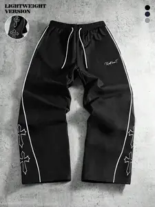 Men's Fashion High-Street Spring/Summer Collection Cross Print Loose-Fit Straight-Leg Wide-Leg Pants Comfortable Skin-Friendly Fabric Unisex Casual Pants Trendy Street Style Dark Black Fashion Design Stylish Trouser pantalones para hombre pants for men