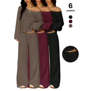 2026 Women'S 2 Piece Matching Lounge Set, Off The Shoulder Long Sleeve Top, Drawstring Wide Leg Pants, Casual Sweatsuit, All Seasons