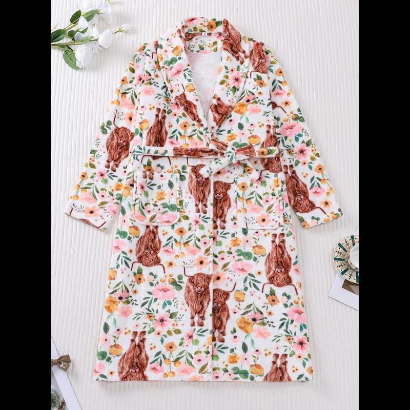 Women's Flannel Coral Fleece Robe, Highland Cow Print, Soft Comfortable ...