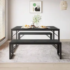45.5" Dining Table Set For 4, Kitchen Table Set With 2 Benches,Christmas Gift And New Year Gift, Dining Room Table Set With Metal Frame & MDF Board, Space-Saving Dinette