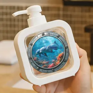 Creative Bathroom Dispenser with Hand Pump - Underwater Dolphin & Coral Reef Design, Metallic Porthole Frame, Shimmering Ocean Art, Perfect For Soap, Lotion, Shampoo