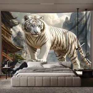 Vibrant White Tiger Landscape Wall Tapestry - Large Polyester Hanging Decor for Living Room, Bedroom, Office & Parties - Easy Install, No Power Needed