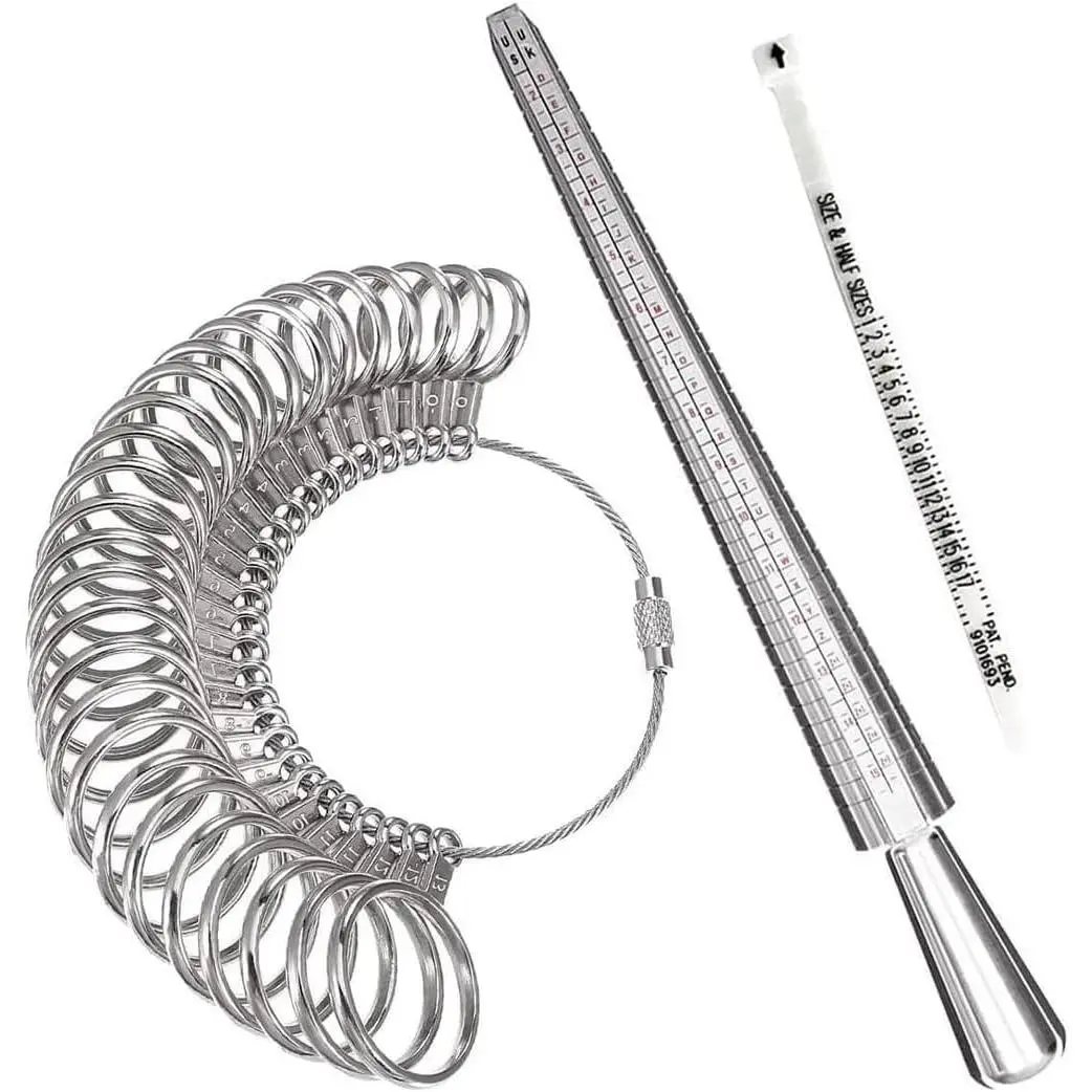 Ring Sizer Measuring Tool Set, Ring Gauges with Finger Sizer Mandrel Ring Sizer Tools for Jewelry Sizing Measuring, 3 pcs, silvery