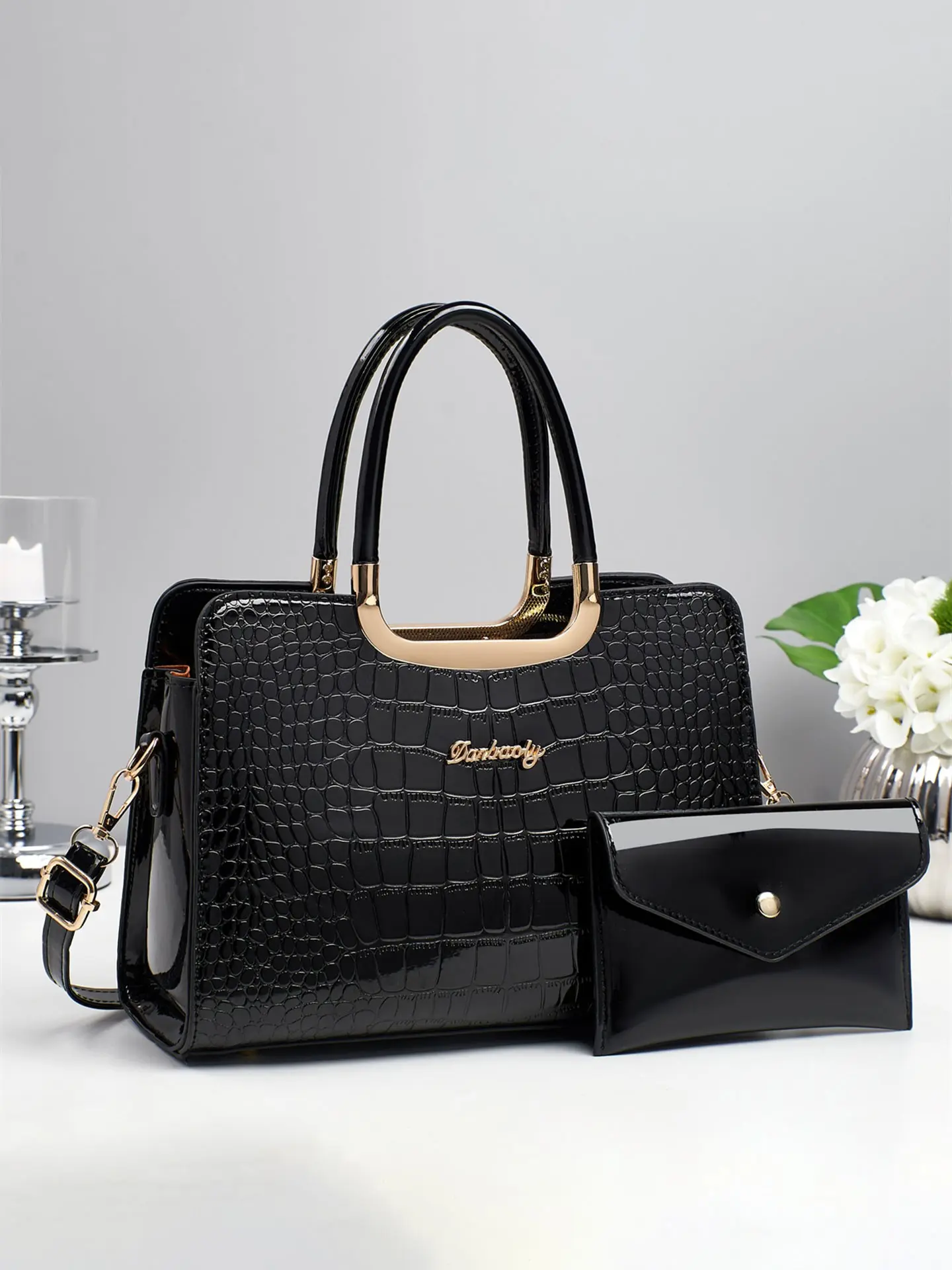 Women's Crocodile Pattern Leather Satchel Bag Set, Large Capacity Handbag & Crossbody Purse, Casual All-Seasons Accessory