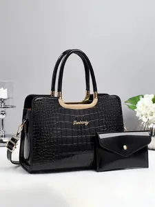 Women's Crocodile Pattern Leather Satchel Bag Set, Large Capacity Handbag & Crossbody Purse, Casual All-Seasons Accessory