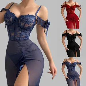 Women's Lingerie Long Slit Nightgown Sheer Mesh Lace Chemise Elegant Split Thigh Dress Nightwear Nightdress