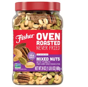 Fisher Oven Roasted Never Fried Mixed Nuts with Peanuts, 24 Ounces (Pack of 1), Peanuts, Almonds, Cashews, Pistachios, Pecans, Trail Mix, Healthy Snacks for Adults, Made With Sea Salt, No Added Oils