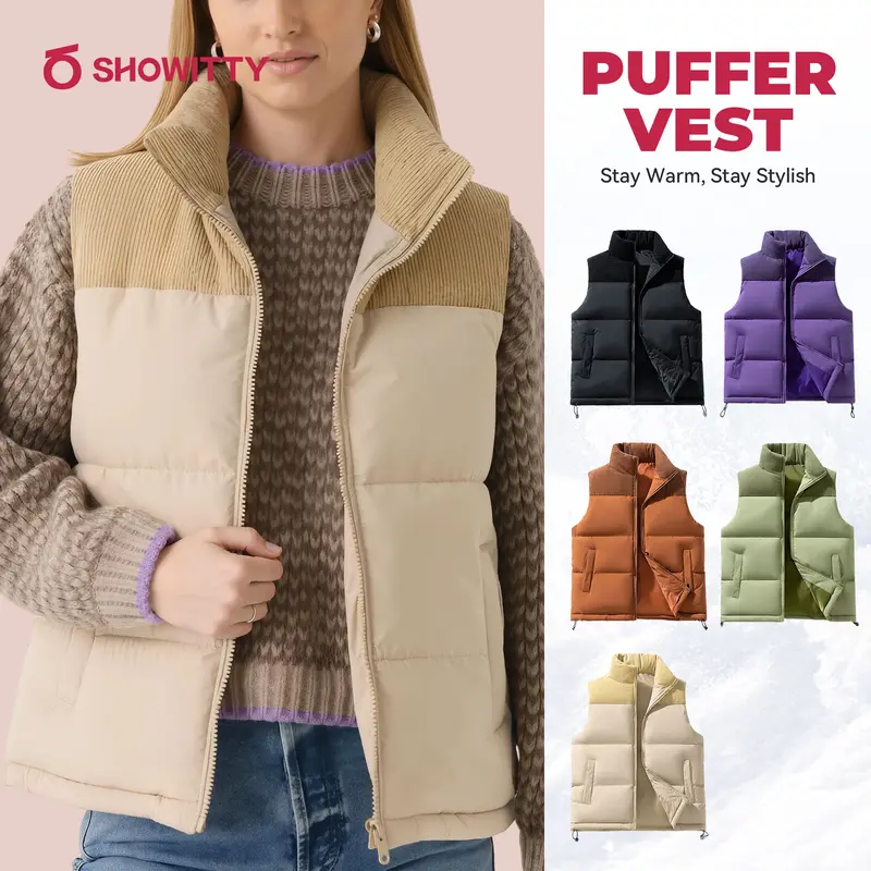 SHOWITTY Women’s Zip Up Puffer Vest with Pockets – Stand Collar Sleeveless Padded Jacket for Fall & Winter