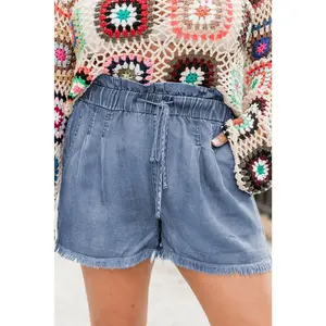 Dusk Blue Raw Hem Lace-up High Waist Plus Size Denim Shorts