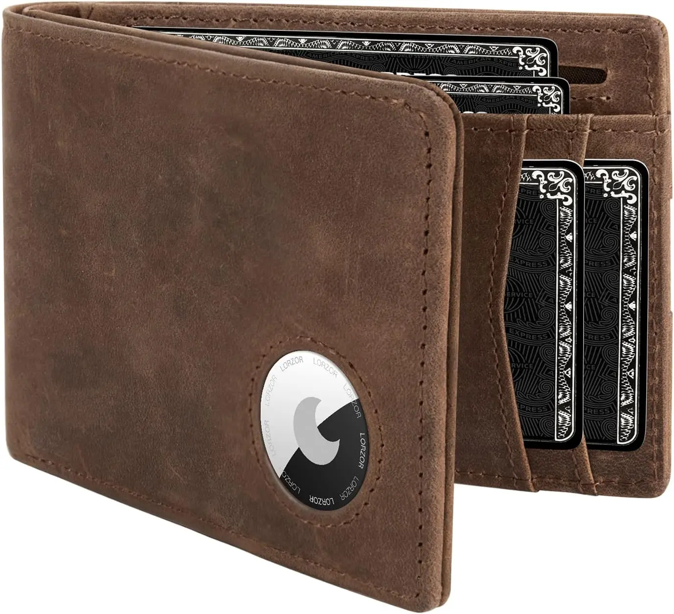 LORZOR AirTag Leather Wallet for Men, Bifold Full Grain Leather Minimalist Front Pocket RFID Blocking AirTag Mens Wallet with ID Window, Gift for Men, up to 12 Cards
