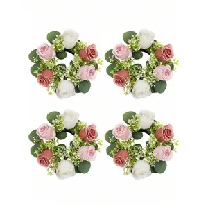 4pcs 8.26 Inch Flower Wedding Centerpieces For Tables White Artificial Flowers Fake Roses Candle Rings Wreaths Spring Summer Wreath For Valentine's Day Annivesary Front Door Party Ceremony Decor Decorative Fruit Plants Ornaments Multicolor