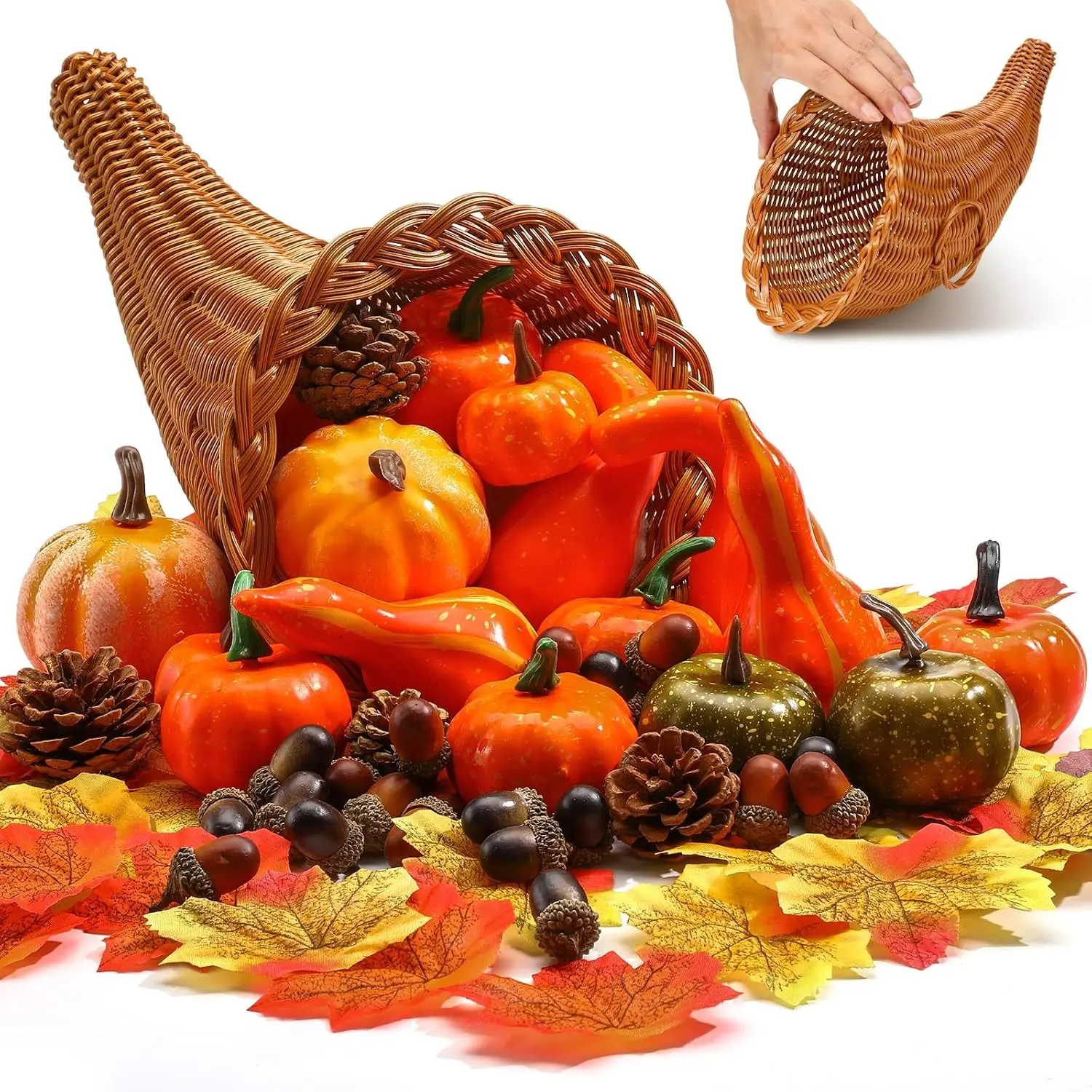 Thanksgiving Cornucopia Basket Set Fall Table Centerpieces 13.78'' Large Cornucopia Horn of Plenty Harvest Decorations with 100 Pcs Artificial Leave Acorn Pumpkin for Table Home(Classic)