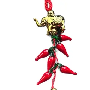 Red Chilli Pepper Protection Charm Wall Hanger or Door Hanger with Gold Elephant Design for Home Decor