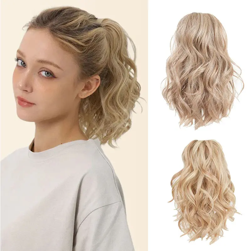 Moca Ash Blonde Ponytail Extensions Clip in 10 Inch Short Wavy Curly Fake Ponytails for Women Claw Pony Tail Wavy Soft Natural Looking Synthetic Hairpieces for Everyday Party Wear (Black/Dark Brown/Highlight/Grey/Orange/White)