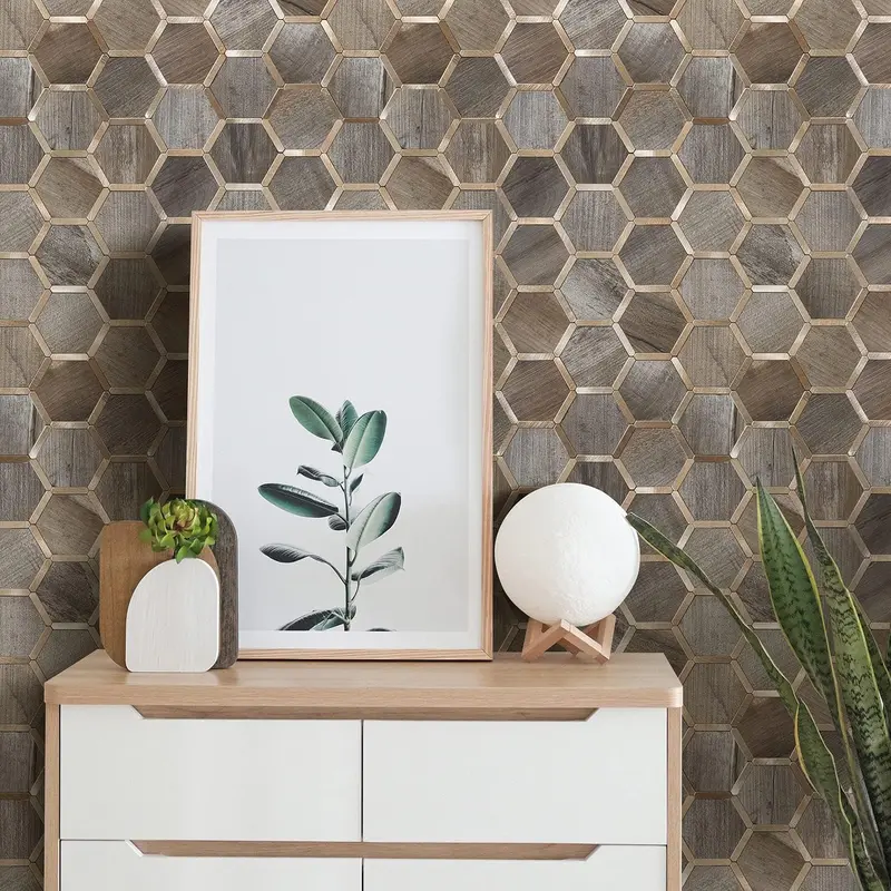 STICKGOO 10 Sheets Hexagon Wooden Peel and Stick Backsplash Tile, Stick on Backsplash for Kitchen and Bathroom Water Proof