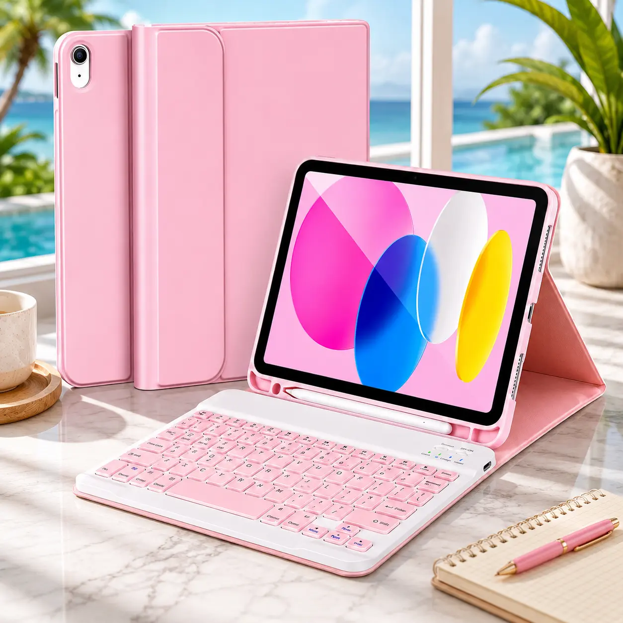 iPad 11th 10th Generation Keyboard Case Detachable Bluetooth Keyboard Case 11 Inch 10.9 Inch with Pencil Holder Square Keycaps Pink,Blue