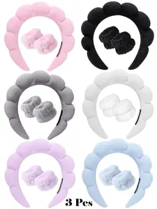 1pc Facial Headband / 2pcs Facial Wristbands / 3sets Spa Headband, Makeup Headband, Facial Headband, Skincare Headband, Pink Velvet Fluffy Sponge Headband, Bow, Scrunchie, Spa Headband, Wristband, Women And Girls Hair Accessories Set