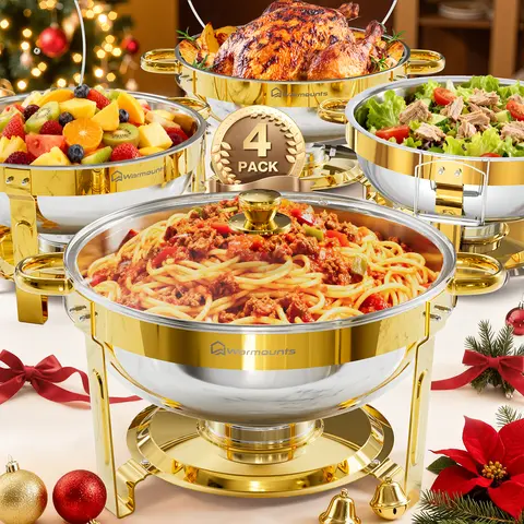 [FallDealsForYou] WARMOUNTS 5QT Gold Round Stainless Steel Chafing Dishes Kitchenware Set - 5QT Main Dish Hold, Glass Lid, Lid Holder Storage, Rolled Edges, Heat Retention, Space-Saving Stackable, 2/4 Pack for Events, Modern Food Serving Bakeware