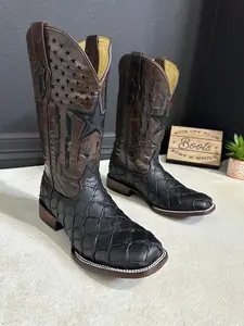 Franco Black Men Cowboy Boots - Leather Footwear with Decorative Star Design, Comfortable for Walking, Ideal for Outdoor Activities
