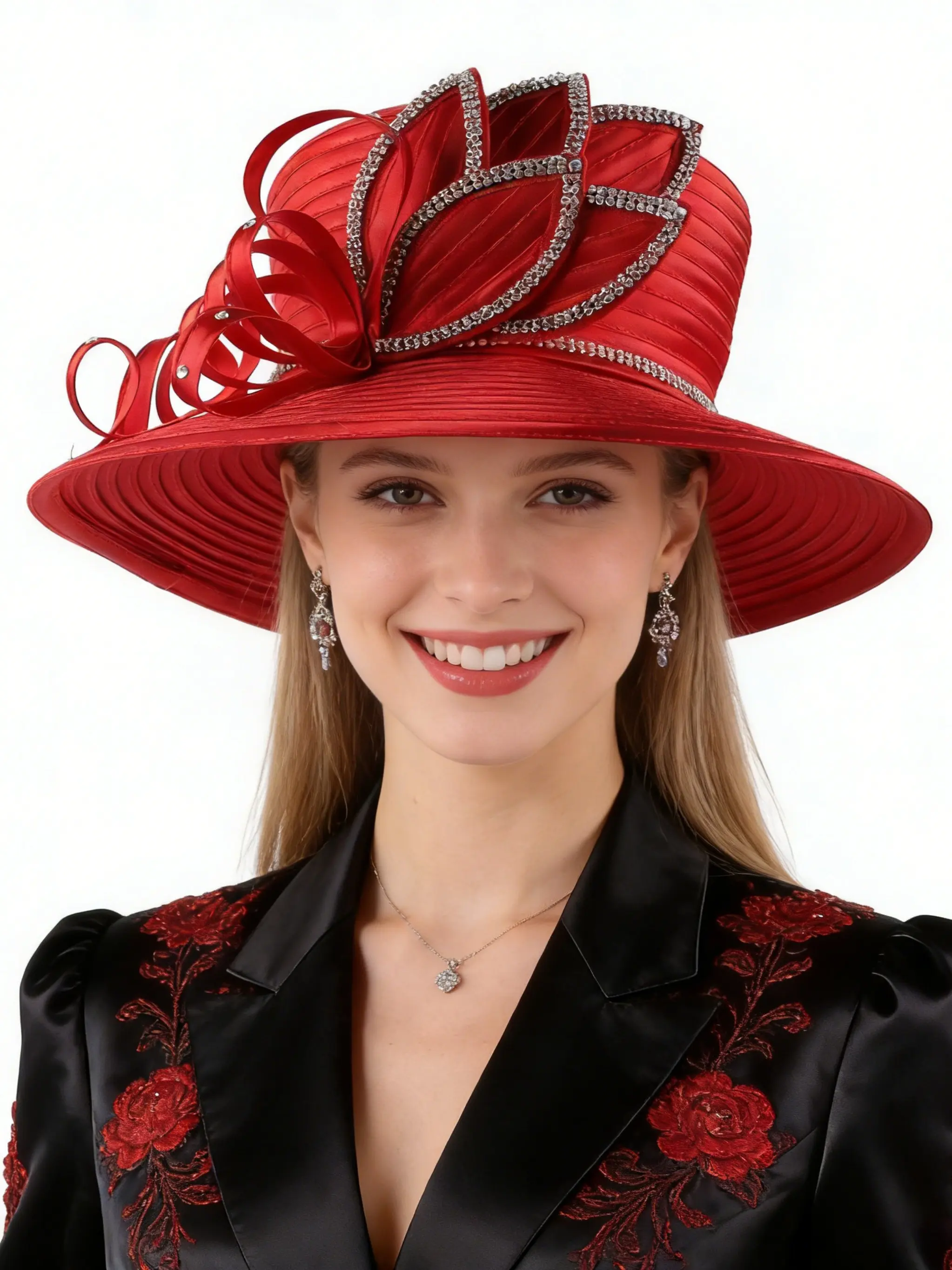 1PC Organza Church British Fascinator for Women Bridal Tea Party Wedding Hat Summer Ruffles Cap Wide-brimmed hat with diamonds Sun Hat