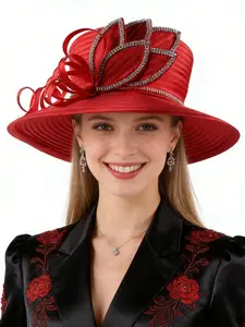 1PC Organza Church British Fascinator for Women Bridal Tea Party Wedding Hat Summer Ruffles Cap Wide-brimmed hat with diamonds Sun Hat
