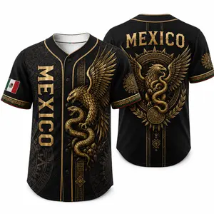 2026 Mexico Eagle and Serpent Baseball Jersey for Men Black Gold Button Down Sports Shirt Aztec Graphic Short Sleeve Fan Jersey Mexican Flag Sleeve Casual Game Day Streetwear