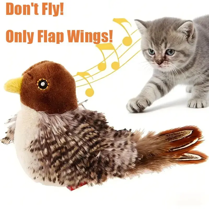 Keep your indoor cat busy! Lifelike Chirping Flapping Bird Cat Toy, Built-in Catnip, USB Rechargeable, Space Saving Wall Mount Design for Daily Play
