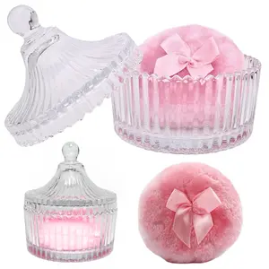 2 Pcs Large Body Powder Puff and Container Valentine's Day gift Powder Container with Puff Crystal Case Soft Washable Reusable Velour Face Body Glitter Wet Dry Makeup (Pink)