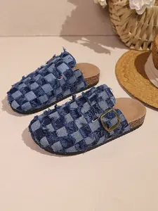 New Denim Checkered Bloggs Sandals, Vintage Lazy Style, Soft Wood Texture Insole, Anti-Slip Rubber Sole, Comfortable Walking Shoes, Unique Sandals