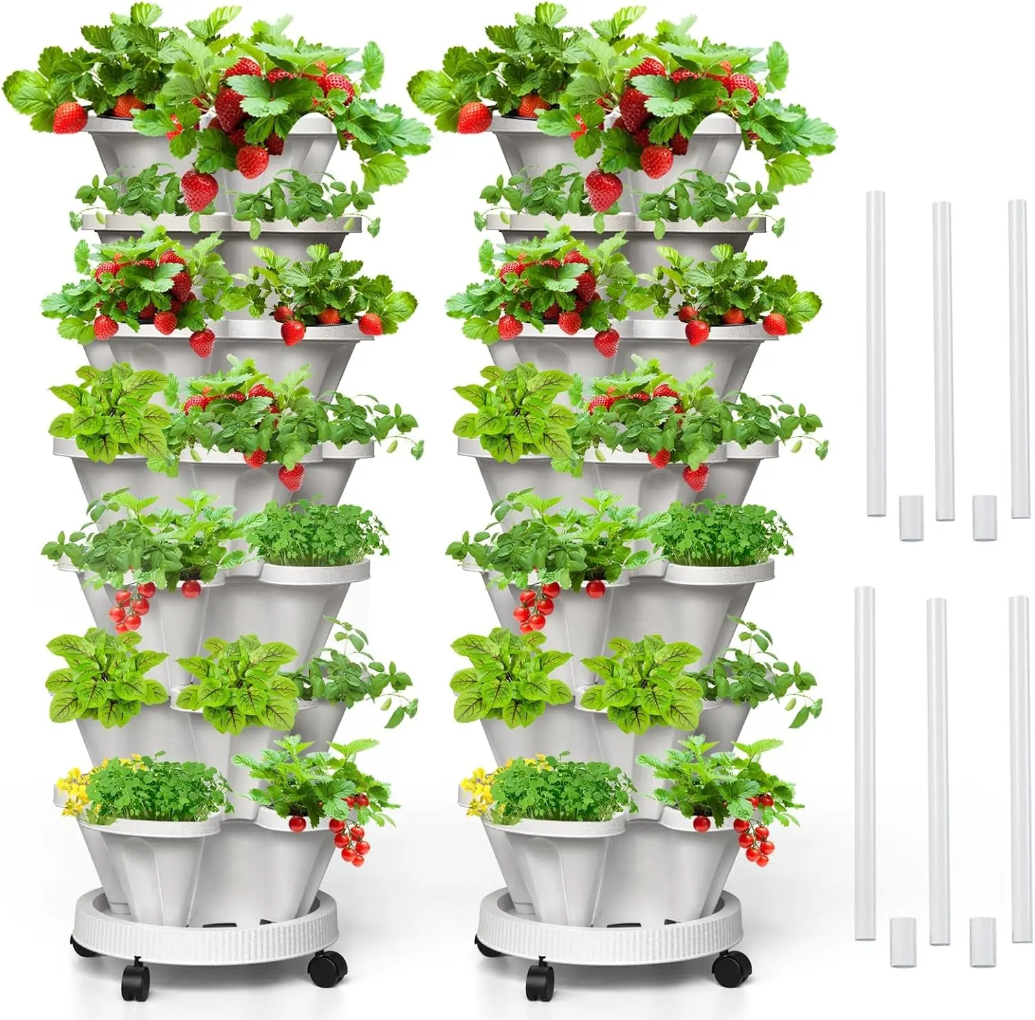 7-Tier Strawberry Vertical Planters, 2-Pack Stackable Herb Veggie Garden Towers with Support Poles, Indoor/Outdoor White Planters