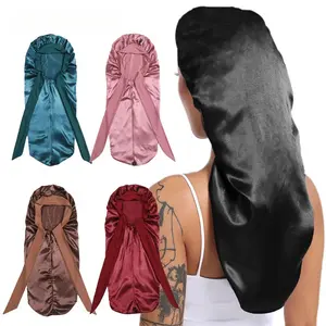 Long Satin Bonnet Solid Color Extra Large Sleep Cap With Long Tie Hair Bonnet For Black Women Hair Care Cap For All Hair Types
