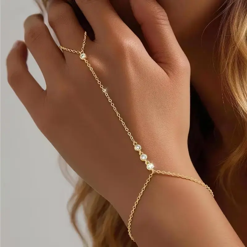 16K Gold Plated Hand Chains for Women - Dainty Cubic Zirconia Bracelet and Ring Handchain Jewelry - Lightweight Trendy Hand Chain Bracelet - Jewelry for Women, Womens Accessories, Womens Gifts, Gifts for Women(6.3in/1.97in)