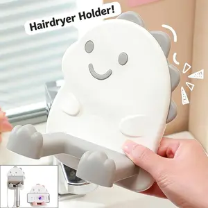 Cute Dinosaur Hair Dryer Holder, No Drilling Strong Adhesive Bathroom Organizer, Phone & Small Item Storage Rack, Lazy Person Essential