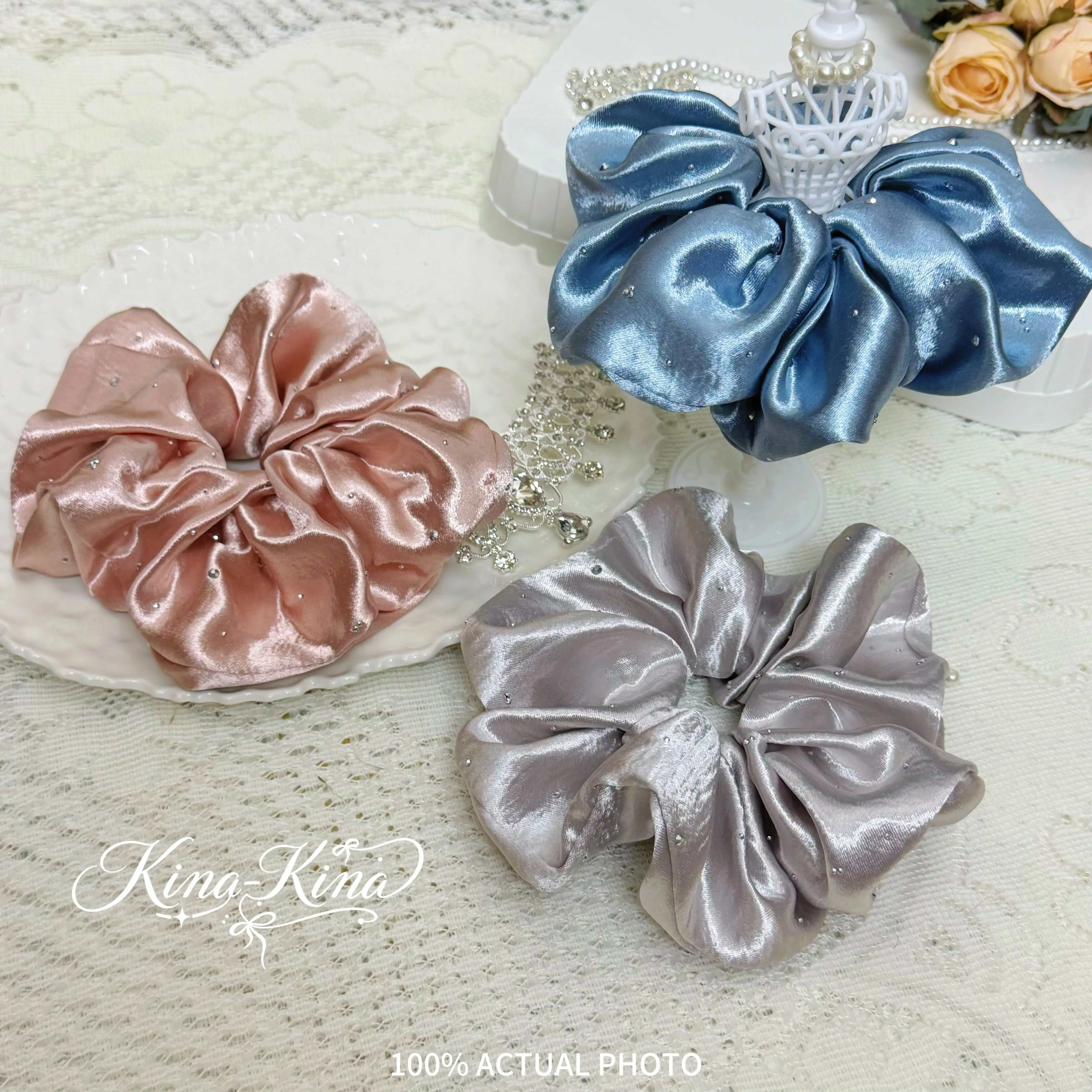 Large Elegant Satin Scrunchie | Delicate Rhinestone  Hair Tie