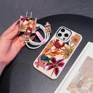 Beaded Heart Floral Phone Case Set, Includes Charger Cover & Cable Protector, Anti-Drop Tpu Shell for iPhone Models