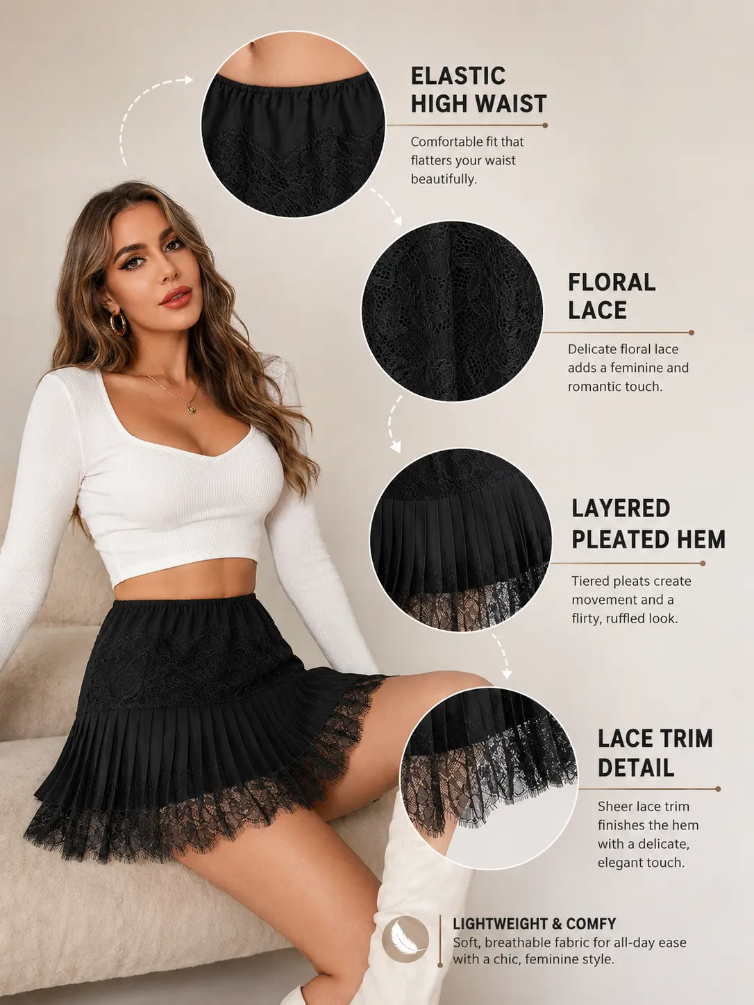 Womens Y2k Lace Layered High Waist Ruffle Skort Boho Mini Skirts | Built-in shorts,Cute,Sexy,Trendy Y2K,Layered Lace,A_line,Streetwear,Casual Outting,Party,Holiday
