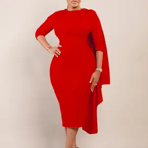 Summer Autumn Clothes Elegant Red Dress for Women Luxury O Neck Full Sleeve Big Swing Solid Sheath Package Hips Mid Calf Female African Pencil Dress Cloth Formal Womenswear Check Light Crewneck Minimalist