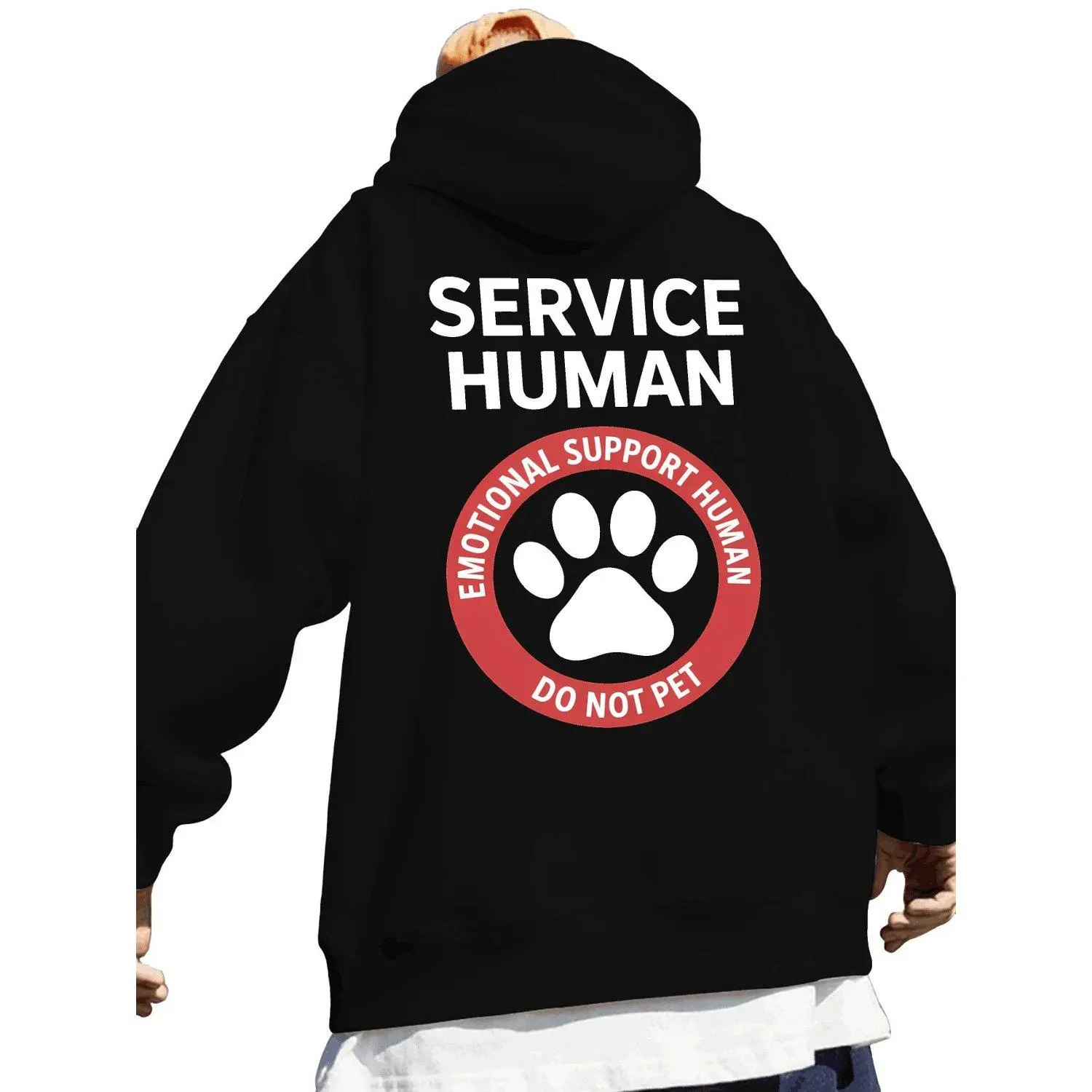 Emotional Support Hoodie with Human Back Print Winter Warm Casual Pullover Featuring Service Human Slogan Minimalist Style for Christmas Gifts and Everyday Wear Matching Couple Lettering Design