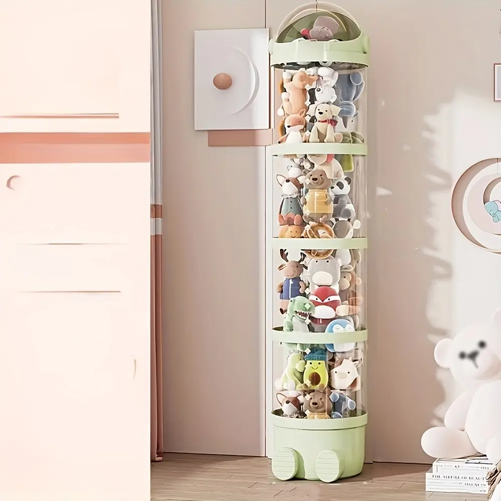 1 Optimal Storage 4-Tier Stackable Plush Toy Storage Box with Drawer Clear PET Material Zipper Lid Closure Under 3.2 Cubic Feet Capacity Pastel Colors Pink Beige Green Toy Box for Closet Organization & Doll Display 1