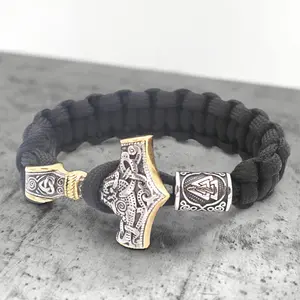 GTHIC Viking Thor's Hammer Valknut Signet Braided Stainless Steel Paracord Bracelet for Men Statement Jewelry Daily Wear