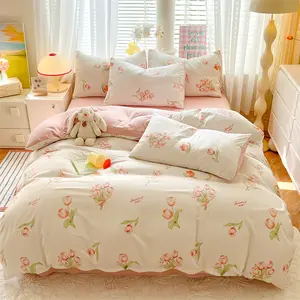 Pink Floral Duvet Cover Cute Tulip Printed on White Comforter Cover 3Pcs Duvet Cover Sets Girls Woman Kawaii Cottagecore Bedding Set with Zipper Closure Soft Breathable Microfiber