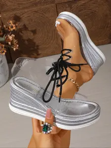 New Large Size Transparent Shoe Face Wedge Heel Thick Sole Slip-On Clear Sandals, Versatile Summer Women's Shoes, Platform, Fashionable Sandals