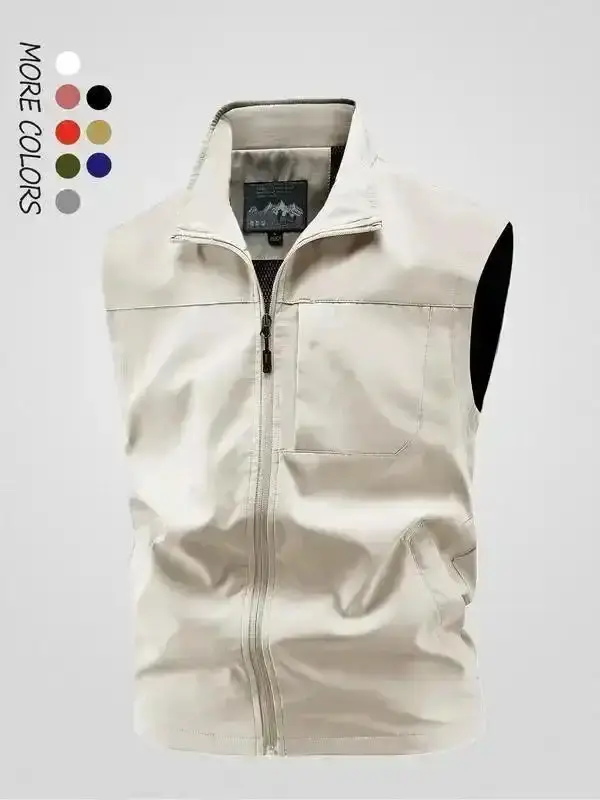 2026 Men's Solid Color Hooded Vest Jacket, Stand Collar Multi-Pocket Sleeveless Coat, Windproof Waterproof Casual Sports Waistcoat, Regular Fit Outdoor Fishing All-Season Jacket, Menswear, fall jacket men